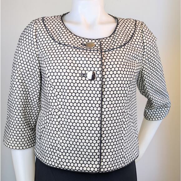 ANN TAYLOR Crop Swing Blazer 2 White Black Silk Embroidered Honeycomb Pattern - Picture 11 of 11